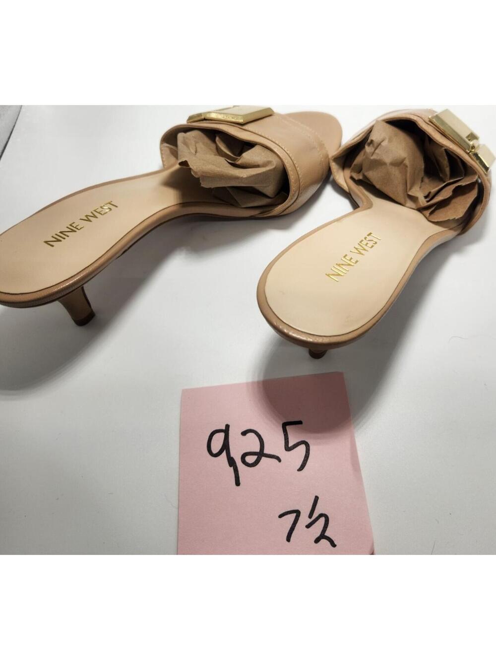 Nine West Women’s Leather Buckle Kitten Heel Mule Open Toe Beige 7.5